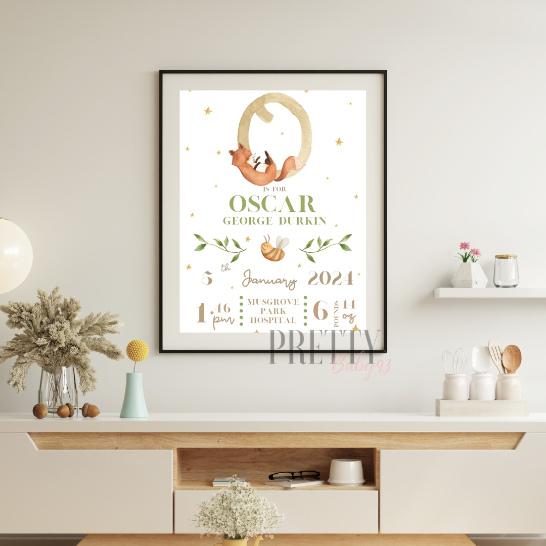 Personalised Baby Keepsake Print. Name, DOB and weight. ie A is for Arabella (Download and print at home)