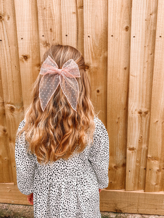 Pink dot tulle fable bow (large)